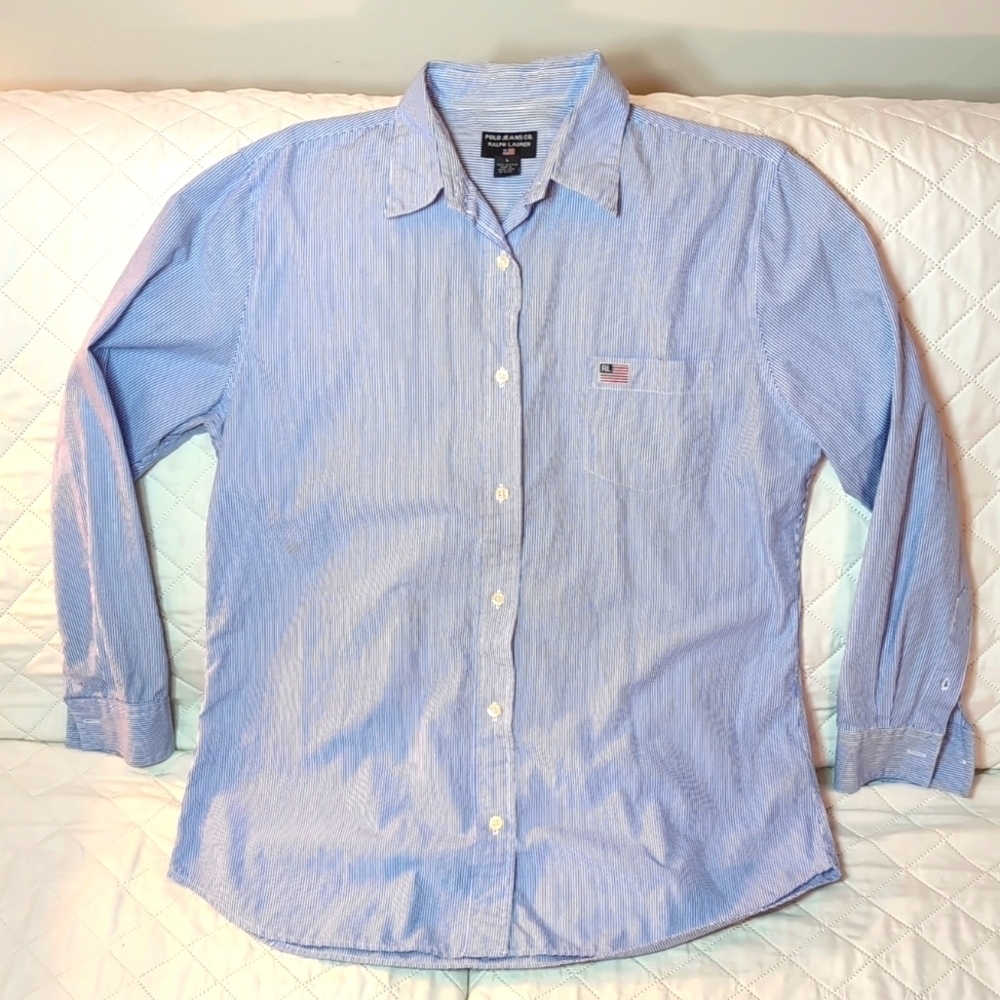 Ralph Lauren Polo Jeans Men's Blue Striped Button down Dress shirt,size L.